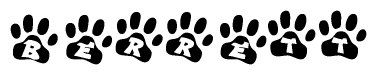 The image shows a series of animal paw prints arranged in a horizontal line. Each paw print contains a letter, and together they spell out the word Berrett.