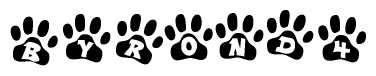 The image shows a series of animal paw prints arranged in a horizontal line. Each paw print contains a letter, and together they spell out the word Byrond4.
