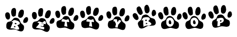 The image shows a row of animal paw prints, each containing a letter. The letters spell out the word Bettyboop within the paw prints.
