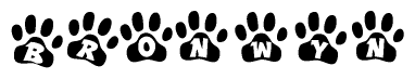 The image shows a row of animal paw prints, each containing a letter. The letters spell out the word Bronwyn within the paw prints.
