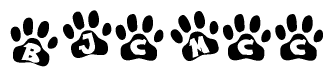 The image shows a row of animal paw prints, each containing a letter. The letters spell out the word Bjcmcc within the paw prints.