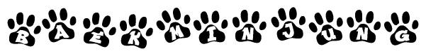 The image shows a series of animal paw prints arranged in a horizontal line. Each paw print contains a letter, and together they spell out the word Baekminjung.