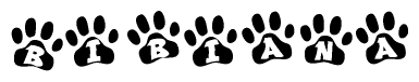 The image shows a row of animal paw prints, each containing a letter. The letters spell out the word Bibiana within the paw prints.