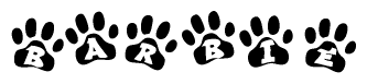 The image shows a series of animal paw prints arranged in a horizontal line. Each paw print contains a letter, and together they spell out the word Barbie.