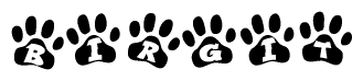 The image shows a series of animal paw prints arranged horizontally. Within each paw print, there's a letter; together they spell Birgit