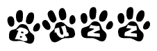 The image shows a series of animal paw prints arranged horizontally. Within each paw print, there's a letter; together they spell Buzz