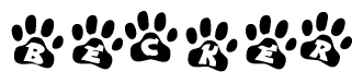 The image shows a series of animal paw prints arranged in a horizontal line. Each paw print contains a letter, and together they spell out the word Becker.