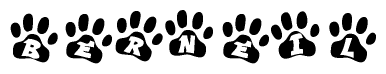 The image shows a series of animal paw prints arranged in a horizontal line. Each paw print contains a letter, and together they spell out the word Berneil.