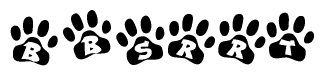 The image shows a series of animal paw prints arranged in a horizontal line. Each paw print contains a letter, and together they spell out the word Bbsrrt.