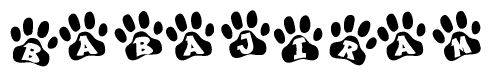 The image shows a row of animal paw prints, each containing a letter. The letters spell out the word Babajiram within the paw prints.