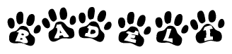The image shows a row of animal paw prints, each containing a letter. The letters spell out the word Badeli within the paw prints.