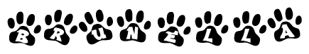 The image shows a row of animal paw prints, each containing a letter. The letters spell out the word Brunella within the paw prints.
