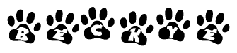 The image shows a row of animal paw prints, each containing a letter. The letters spell out the word Beckye within the paw prints.