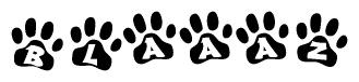The image shows a row of animal paw prints, each containing a letter. The letters spell out the word Blaaaz within the paw prints.