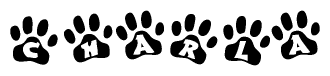 The image shows a row of animal paw prints, each containing a letter. The letters spell out the word Charla within the paw prints.