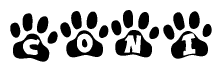 The image shows a series of animal paw prints arranged in a horizontal line. Each paw print contains a letter, and together they spell out the word Coni.