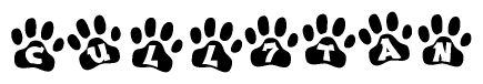 The image shows a series of animal paw prints arranged horizontally. Within each paw print, there's a letter; together they spell Cull7tan