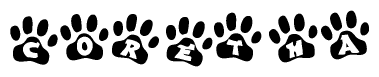 The image shows a series of animal paw prints arranged horizontally. Within each paw print, there's a letter; together they spell Coretha
