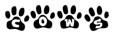 The image shows a series of animal paw prints arranged horizontally. Within each paw print, there's a letter; together they spell Cows