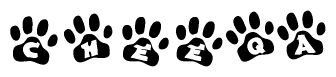 The image shows a row of animal paw prints, each containing a letter. The letters spell out the word Cheeqa within the paw prints.