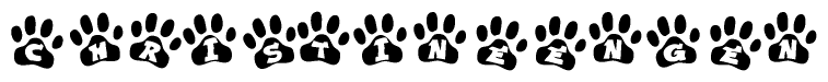 The image shows a series of animal paw prints arranged in a horizontal line. Each paw print contains a letter, and together they spell out the word Christineengen.