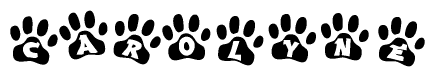 The image shows a series of animal paw prints arranged horizontally. Within each paw print, there's a letter; together they spell Carolyne