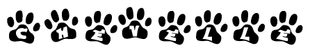 The image shows a series of animal paw prints arranged in a horizontal line. Each paw print contains a letter, and together they spell out the word Chevelle.