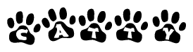 The image shows a row of animal paw prints, each containing a letter. The letters spell out the word Catty within the paw prints.