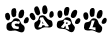 The image shows a row of animal paw prints, each containing a letter. The letters spell out the word Carl within the paw prints.