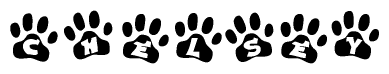 The image shows a series of animal paw prints arranged horizontally. Within each paw print, there's a letter; together they spell Chelsey