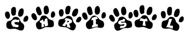 The image shows a series of animal paw prints arranged horizontally. Within each paw print, there's a letter; together they spell Christl