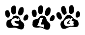 The image shows a series of animal paw prints arranged in a horizontal line. Each paw print contains a letter, and together they spell out the word Clg.