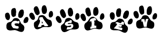 The image shows a series of animal paw prints arranged horizontally. Within each paw print, there's a letter; together they spell Casiev