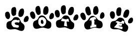 The image shows a series of animal paw prints arranged horizontally. Within each paw print, there's a letter; together they spell Cotie