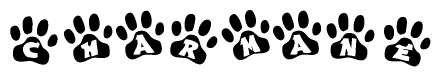 The image shows a series of animal paw prints arranged in a horizontal line. Each paw print contains a letter, and together they spell out the word Charmane.