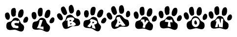 The image shows a series of animal paw prints arranged in a horizontal line. Each paw print contains a letter, and together they spell out the word Clbrayton.