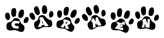 The image shows a row of animal paw prints, each containing a letter. The letters spell out the word Carmen within the paw prints.