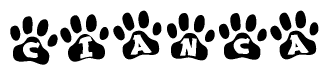 The image shows a series of animal paw prints arranged horizontally. Within each paw print, there's a letter; together they spell Cianca