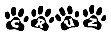The image shows a series of animal paw prints arranged in a horizontal line. Each paw print contains a letter, and together they spell out the word Cruz.