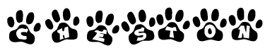 The image shows a series of animal paw prints arranged in a horizontal line. Each paw print contains a letter, and together they spell out the word Cheston.