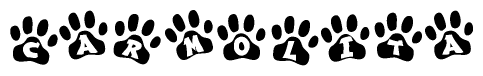 The image shows a series of animal paw prints arranged in a horizontal line. Each paw print contains a letter, and together they spell out the word Carmolita.