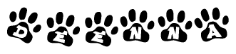 The image shows a row of animal paw prints, each containing a letter. The letters spell out the word Deenna within the paw prints.