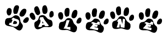 The image shows a series of animal paw prints arranged in a horizontal line. Each paw print contains a letter, and together they spell out the word Dalene.