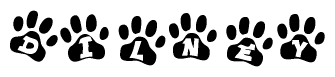 The image shows a row of animal paw prints, each containing a letter. The letters spell out the word Dilney within the paw prints.