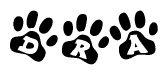 The image shows a row of animal paw prints, each containing a letter. The letters spell out the word Dra within the paw prints.