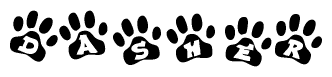 The image shows a series of animal paw prints arranged horizontally. Within each paw print, there's a letter; together they spell Dasher