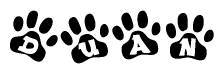 The image shows a series of animal paw prints arranged horizontally. Within each paw print, there's a letter; together they spell Duan