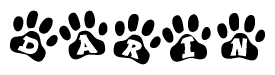 The image shows a series of animal paw prints arranged horizontally. Within each paw print, there's a letter; together they spell Darin