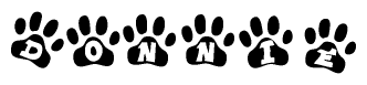 The image shows a series of animal paw prints arranged horizontally. Within each paw print, there's a letter; together they spell Donnie