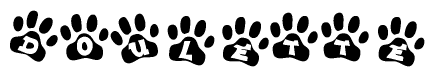 The image shows a row of animal paw prints, each containing a letter. The letters spell out the word Doulette within the paw prints.